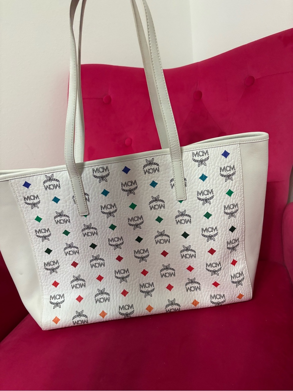 MCM White Tote with Multicolor Logo Diamonds